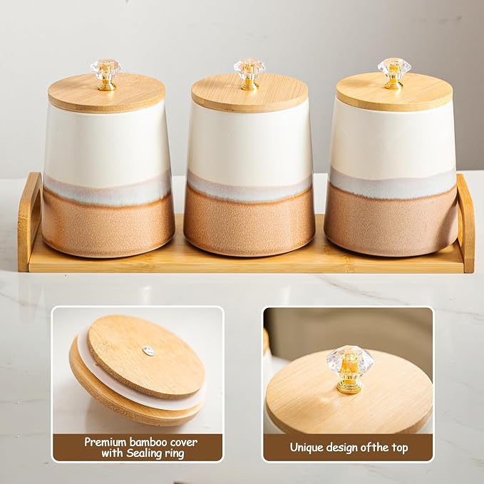 Kimdio Ceramic Canisters Set with Airtight Lids, 22 oz Coffee Canisters Sets for the Kitchen, Large Jars for Flour, Sugar, Pasta, Coffee, Cookies, Tea - Set of 3 - Orange and White