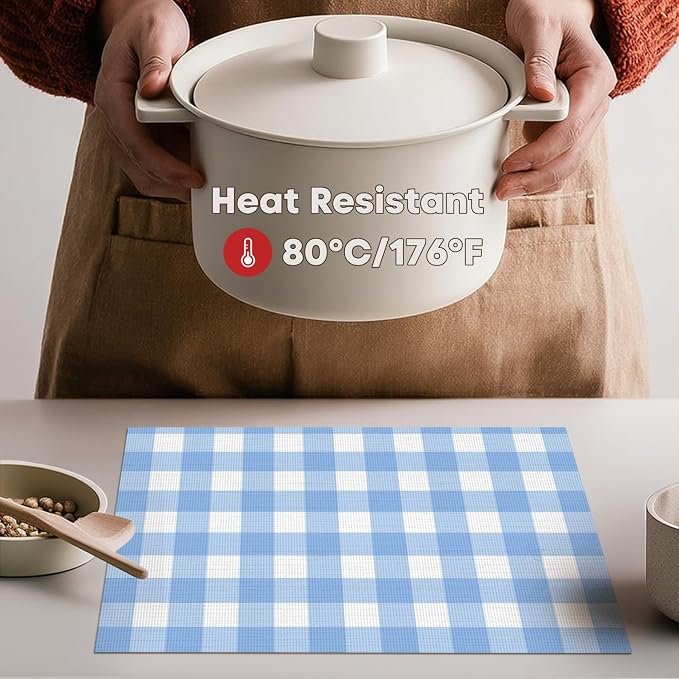 Artoid Mode Buffalo Plaid Vinyl Placemats Set of 4, 12x18 Inch Washable Non-Slip Heat Resistant Plastic Place Mats for Party Dining Table, Blue/White