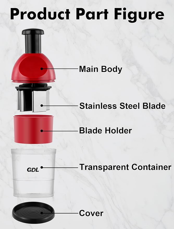 GDL Food Chopper, Manual Slap Vegetable Chopper Onion Dicer, Garlic Mincer | Hand Chopper for Onion Nut Pepper Celery Tomato, Easy & Safe Chopping, No BPA, Durable Stainless Steel Blade, Dishwasher Safe