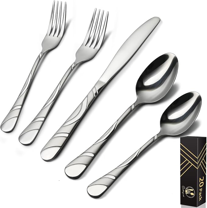 20-Piece Silverware Set for 4, 18/0 Frosted & Mirror Finish Stainless Steel Vintage Flatware Set, Modern Cutlery Set for Home Wedding Restaurant Housewarming Party Event Serving For 4