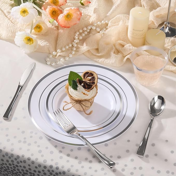 352 Piece Silver Plastic Dinnerware Set for 50 Guests | Includes: 50 Dinner Plates 50 Dessert Plates, 50 Pre Rolled Napkins with Silverware, 50 Cups, 2 Tablecloth