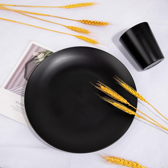 32pc Reusable Black Wheat Straw Dinnerware Sets Black Dishes for 8 | Unbreakable dishes set includes plates, bowls, cups, and napkins. Lightweight, stackable, and dishwasher safe for outdoor use