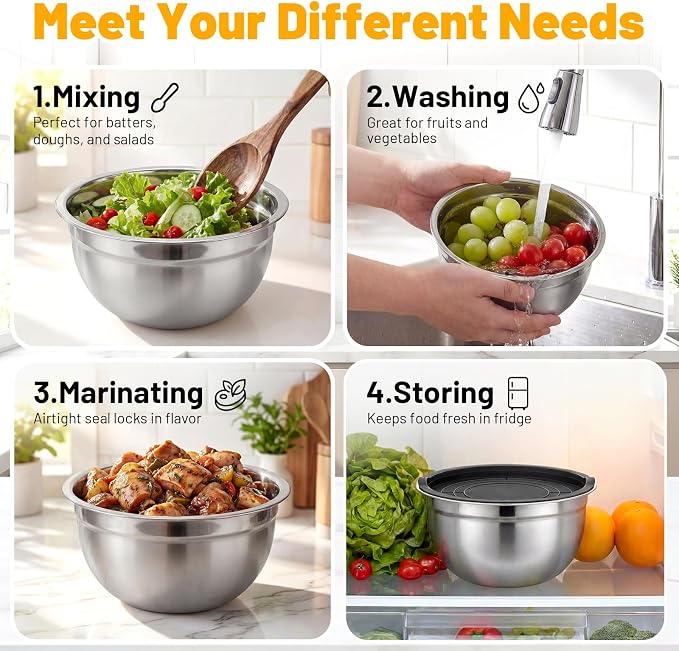Beasea Mixing Bowls with Lids Set of 3, 1.5 QT Stackable Stainless Steel Mixing Bowls with Black Lids for Baking, Metal Nesting Bowl for Kitchen, Meal Prepping, Cooking and Serving