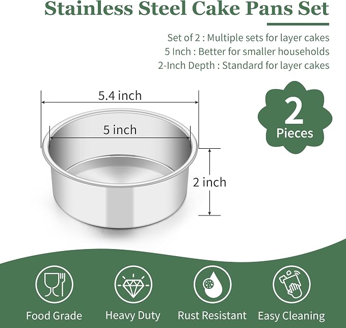 TeamFar 5 Inch Cake Pan Set of 2, Stainless Steel Layer Cake Baking Pan | Small Layer Cake Tins, Round Bakeware for Birthday Wedding Party, Non-Toxic & Healthy, Mirror Finish & Dishwasher Safe