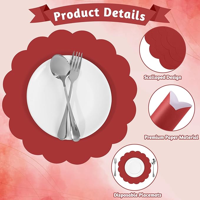 60 Pcs Red Paper Placemats, 13.5 Inch Disposable Scalloped Place Mat | Round Table Place Mats Decorative Paper for Christmas New Year Anniversay Birthday Wedding Banquet Holiday Party