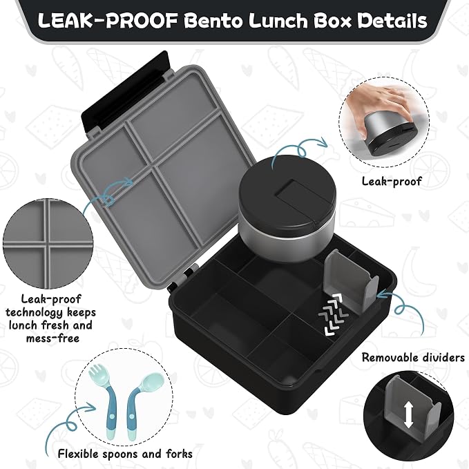 Aimsnk Kids Lunch Box with Thermo Insulated Lunch Bag for School, Black | Kids Bento Lunch Box with 8oz Food Jar, Leak Proof Hot Soup Lunch Containers with 4 Compartment, Warm Lunchbox for Toddler