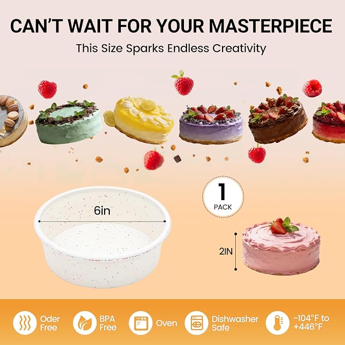 CAKETIME 6 Inch Silicone Round Cake Pan with Metal Reinforced Frame, Non-stick & BPA Free, Even Heat Distribution, Stackable & Dishwasher Safe