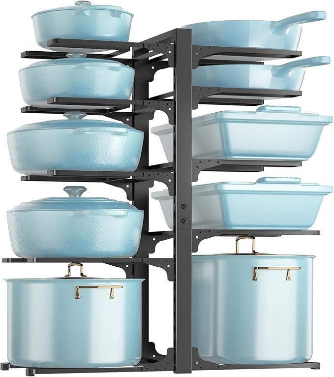 MUDEELA 10-Tier Pots and Pans Organizer Rack, 23.62" H for Cast-iron Pans | Adjustable heavy-duty pot rack, Holds big stockpots, cookware & skillets, Fits under cabinet on countertops, Kitchen storage