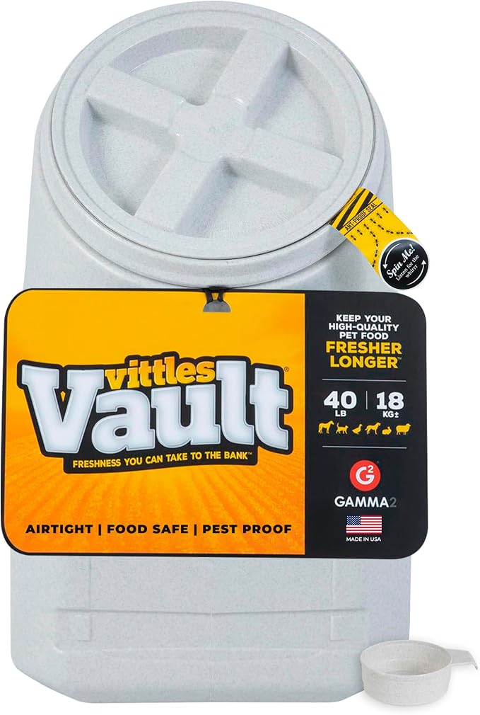 Vittles Vault Traditional Pet Food Storage Container For Dog Kibbles/Bird Seed/Oatmeal/Rice/Flour/Cereal, BPA Free Plastic, Sealed Airtight For Cat Food, Up To 40 lb, Made in USA, With Scoop, Gray