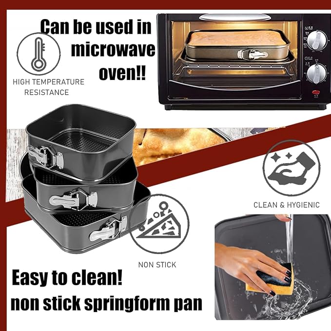 Springform Pan Set, 9.5/10/11Inch Square cake pans with Removable Bottom