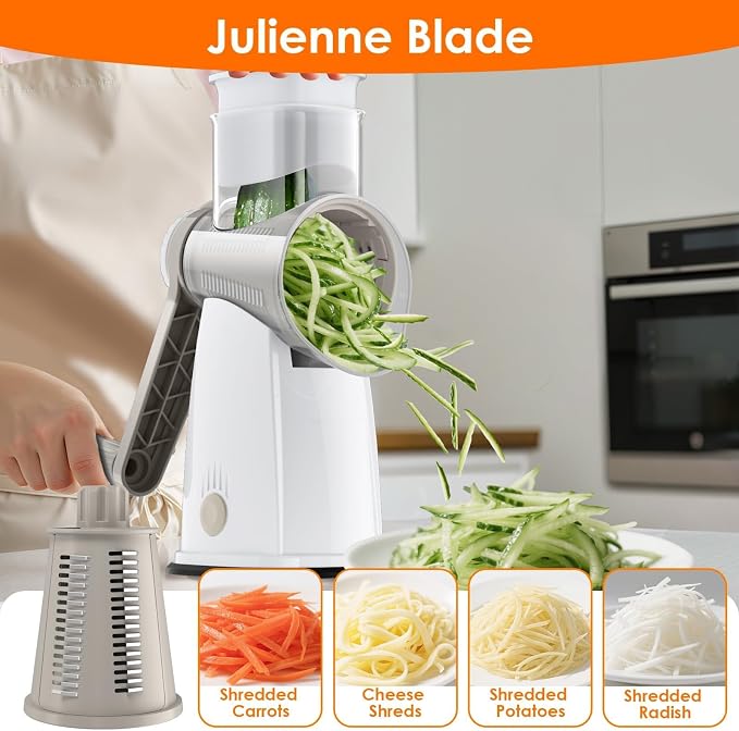 MealHelper 5 Blade Rotary Cheese Grater and Vegetable Chopper with Storage Box and Hand Crank, Compact Shredder for Cheeses, Veggies, Nuts - Easy to Use, Non-slip Suction Base,White