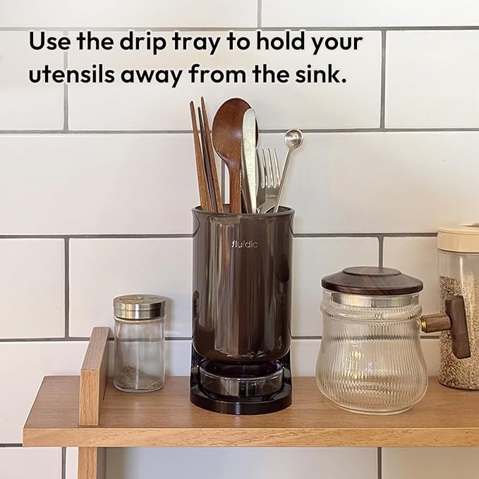 Self-Draining Utensil Drying Holder - Taupe Brown | Small Utensil Cutlery Flatware Silverware Holder Drainer Cup for Kitchen Counter