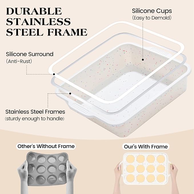 8x8 inch Silicone Square Cake Pan, Cream, Set of 2 | Metal Reinforced Frame, Nonstick Brownie Pan for Baking, BPA Free