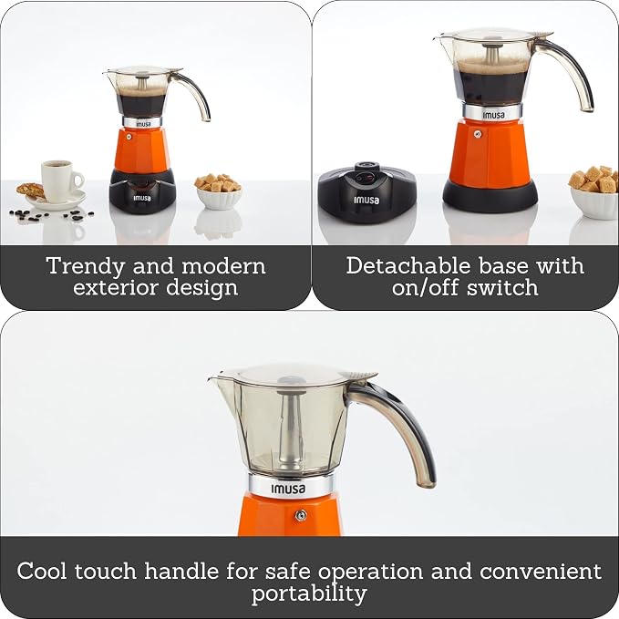 IMUSA 6 or 3 Cup Electric Espresso Maker with Cool-Touch Handle, Orange | Bare Aluminum Finish, Cool-Touch Handle with Visual Indicator, Makes Espresso, Ideal for Everyday Use and Gifts