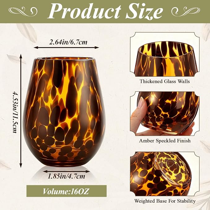 SiliFine 1 Pcs Tortoise Shell Wine Glasses, 16oz Vintage Brown Decorative Glassware, Aesthetic Hand Blown Leopard Print Stemless Drinkware for Cocktail, Gin, Gifts for Party, Housewarming