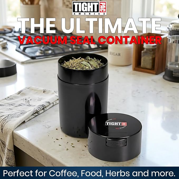 Tightvac 1 to 6 Ounce Airtight Container - Multi-use Storage Container for Herbs, Coffee and Dry Goods, Patented Vacuum Seal Airtight Containers, Black