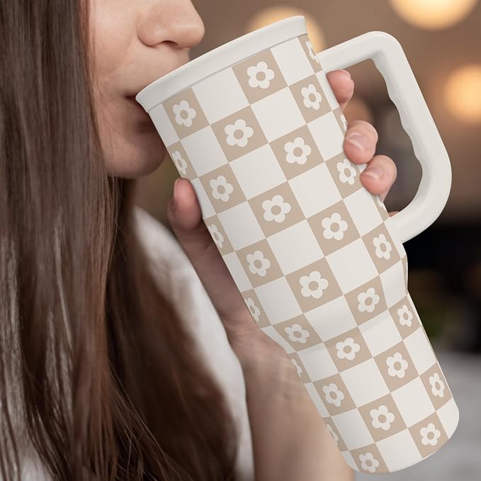 SANDJEST Checker Tumbler with Handle and Straw 40oz – Stainless Sleel Slider Tumbler Travel Coffee Mug for Women - Gift Idea for Birthday Christmas