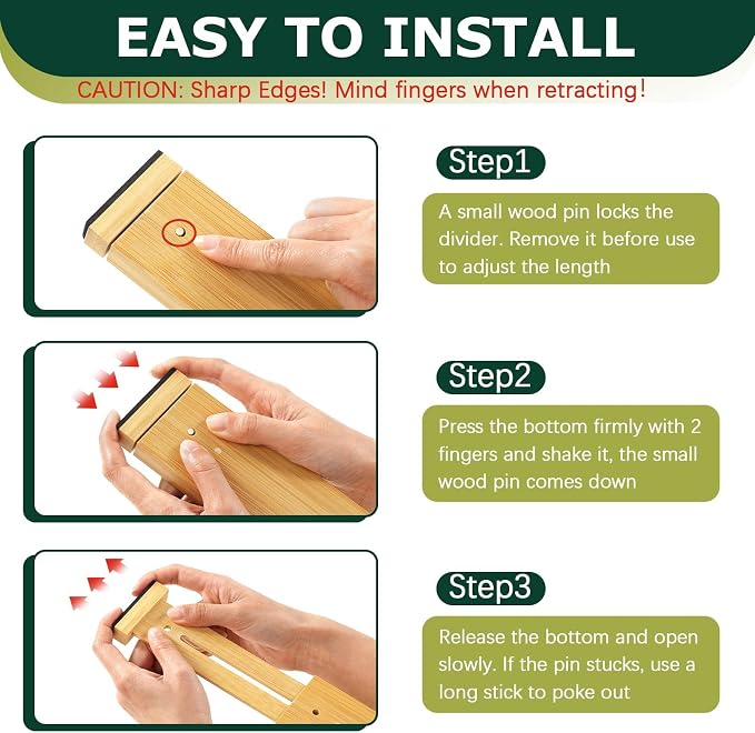 Kitchen Drawer Dividers 6 Pack Bamboo Drawer Organizers | 17-22" Adjustable, Spring Loaded, Expandable Utensil Organizer, Works in Kitchen, Dresser, Closet, Bathroom, Bedroom