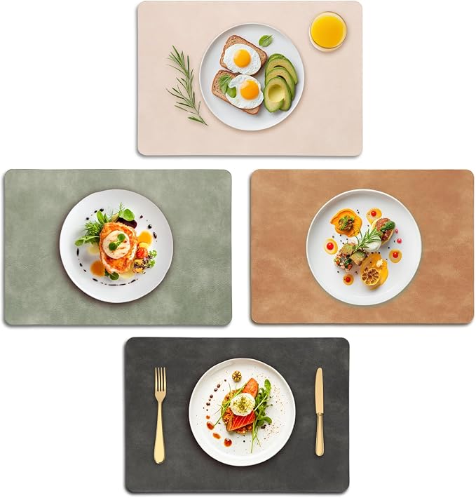 UnivoColors Placemats,Heat Resistant Placemats Set of 4 Washable 12 x 17 Inch,Waterproof Table Mats,Wipeable Pu Place Mats for Kitchen,Dining Room.(Green+Beige+Dark Gray+Camel)