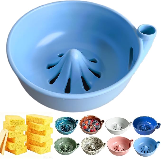 Self Spinning Ceramic Berry Washing Bowl with Drain Holes, 7'' Kitchen Fruit Washer Spinner Bowl with 10pcs Sponges，Blue B