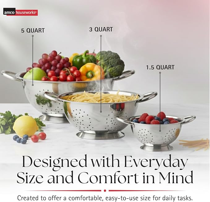 Amco 3-Piece Stainless Steel Colander Set, 1.5 Qt, 3 Qt & 5 Qt - Silver | Durable Strainers with Easy-Grip Handles for Pasta, Fruits, Vegetables & Salad, Fast Draining, Stackable, Dishwasher Safe