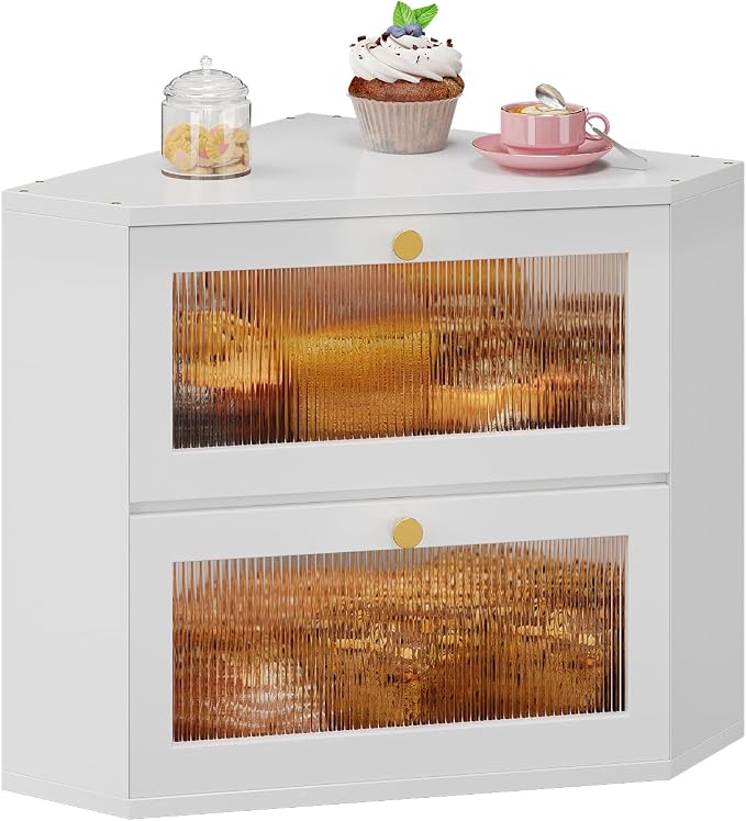 Trironsun Corner Bamboo Bread Box for Kitchen Counter Double Layer Bread Storage Container Large Capacity Bread Storage Bin with Wavy Arcylic Transparent Door (White)