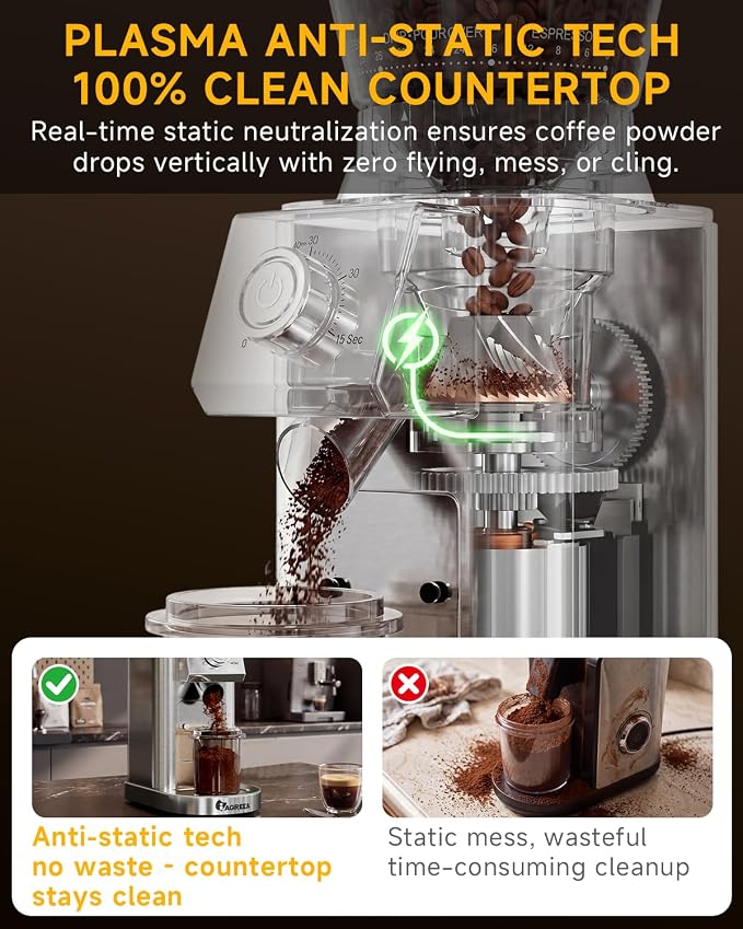 IAGREEA Coffee Grinder for Home Use, Conical Burr Espresso Grinder 48 Grind | 450RPM Low-Speed Anti-Static, Precision Timer For Drip, French Press, Cold Brew, No Mess, Metallic Silver