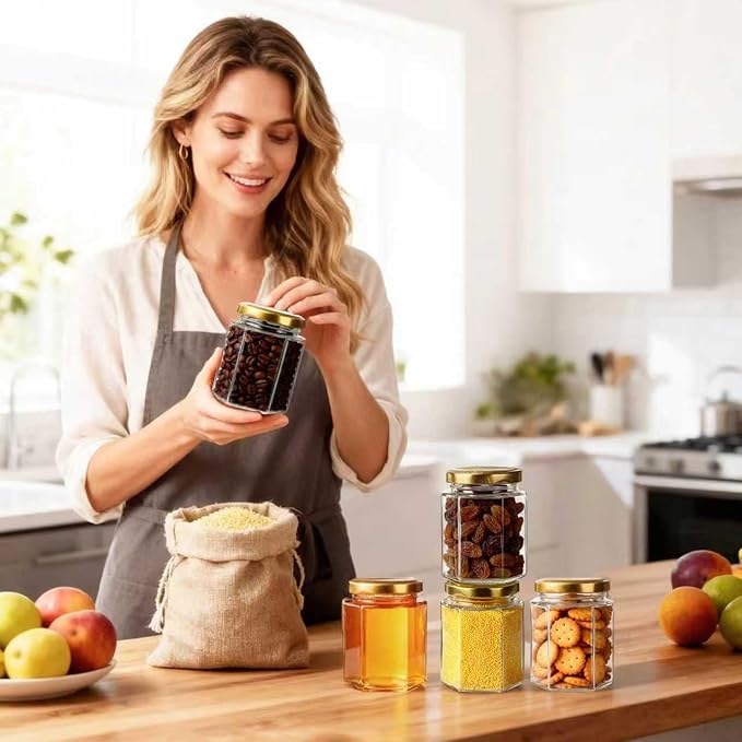 30 Pack 6 oz Glass Jars with Gold Lids - Airtight Hexagon Honey Jars | Jams, Spices, Baby Shower, Party & Wedding Favors - 180ml Food Grade Canning Jars for Small Business & DIY Crafts