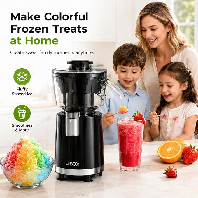 QIBOX 2-in-1 Snow Cone Machine & Smoothie Blender | 700W Electric Ice Shaver for Home Kitchen | Perfect for Kids' Birthday Parties, Summer BBQs & Daily Breakfast Smoothies