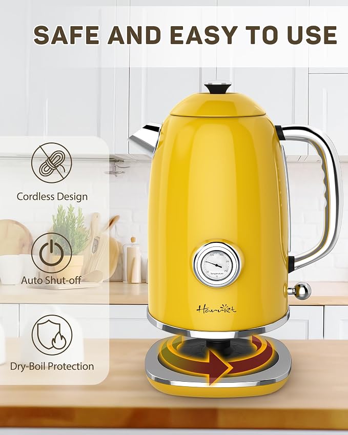 Harriet 61 oz Electric Kettle with Thermometer, Hot Water Pot, Retro | Electric Tea Kettle for Boiling Water, 1500W Stainless Steel Pot, Auto Shut-Off & Boil Dry Protection, Cordless LED Indicator