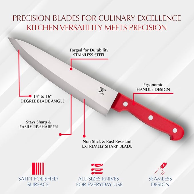 Moss & Stone Red 14 Pcs Kitchen Knife Set with Block, Stainless Steel | Premium forged kitchen knives with high-carbon sharp blades, ergonomic handle, rust-resistant knife block set for home & chef