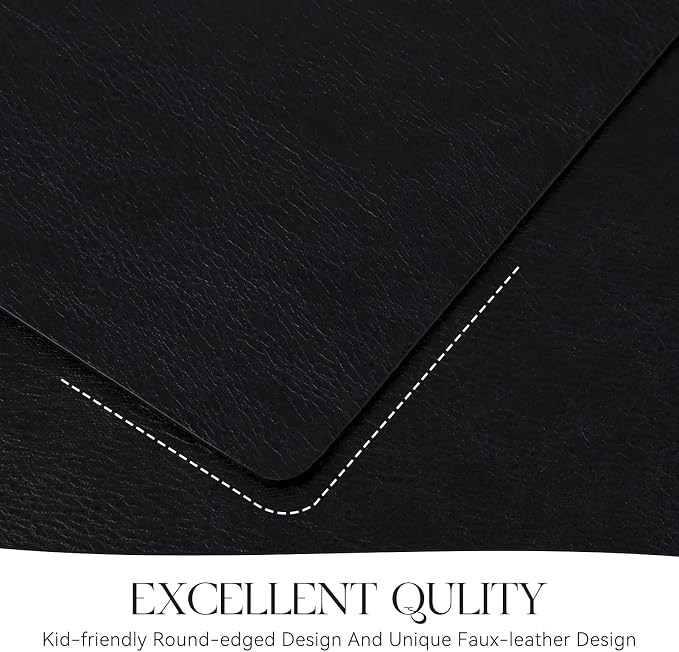 MOSAYT Vinyl Placemats Set of 8-12 X 17 Inch - Faux Leather 100% Waterproof Oil-Proof Wipeable PU Place Mats, Heat Resistant Reversible Table Mats for Kitchen, Dining, Outdoor, Black