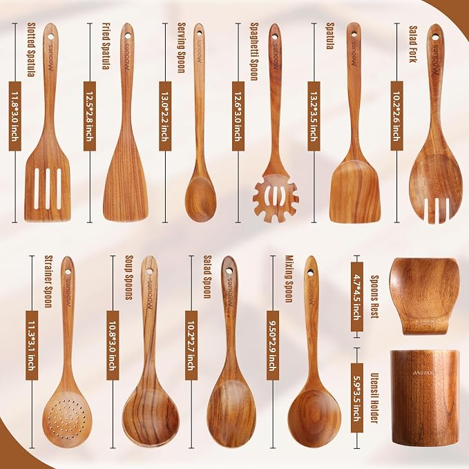 Mooues 12 Piece Wooden Spoons for Cooking, Wooden Utensils for Cooking with Utensils Holder, Natural Teak Wooden Kitchen Utensils Set with Wooden Spoon Rest, Comfort Grip