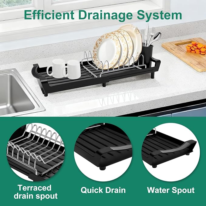 Compact Stainless Steel Dish Drying Rack | Rust-Resistant Drainer for Kitchen and Apartment Countertops/Sink Cabinets, Adjustable 11.42 to 19.9 Inches (Black)