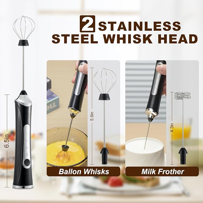 Handheld Electric Milk Frother with 2 Heads, Coffee Whisk Foam Mixer with USB Rechargeable 3 Speeds, Foam Maker Blender for Latte, Cappuccino, Hot Chocolate, Egg