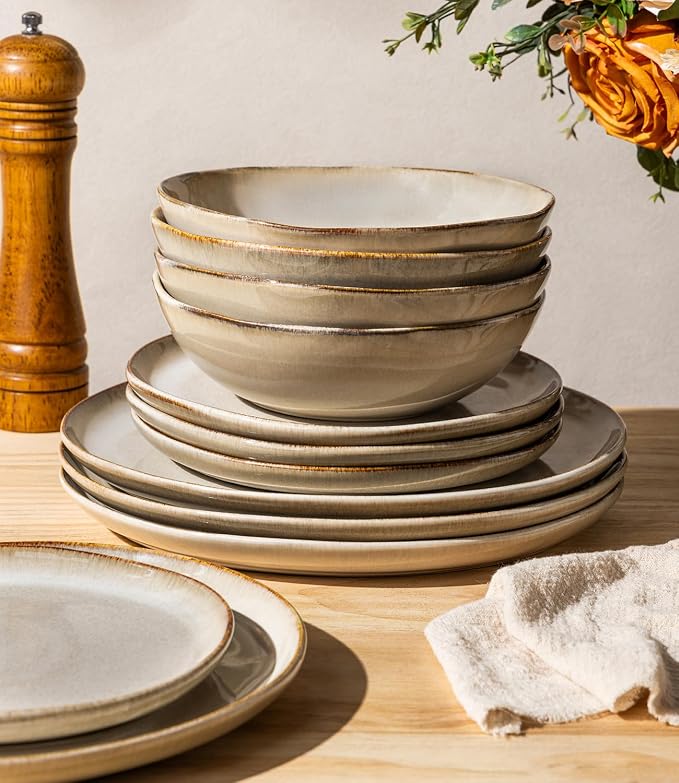 GBHOME Stoneware Dinnerware Sets for 4,12 Piece Rustic Plates and Bowls Set | Earthenware Handmade Reactive Glaze Plate Sets, Chip Resistant Ceramic Dishes, Microwave & Dishwasher Safe, Oatmeal Linen
