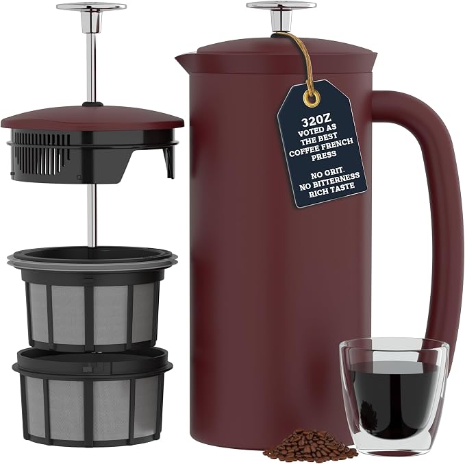 ESPRO P7 French Press, 32oz, Cranberry, Stainless Steel Coffee Maker | Double Filter Coffee Press, Grit-Free Coffee, Heat Resistant Insulated tea Press, Easy Hot and Cold Coffee Brewer, Tea Brewer