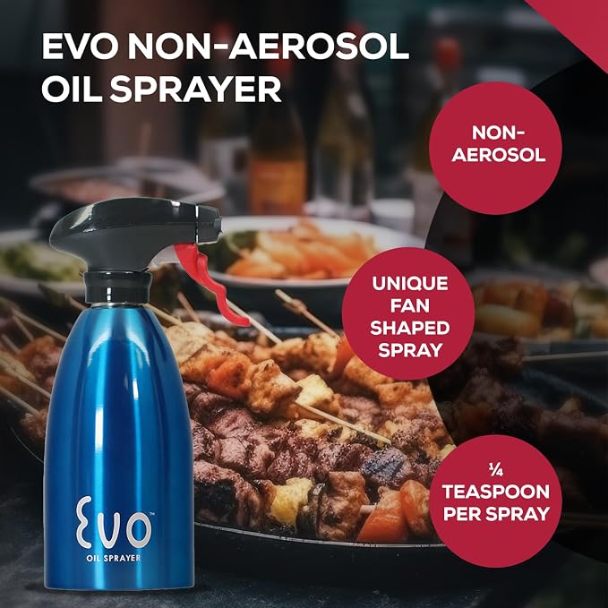 Evo Oil Sprayer 18/8 Stainless Steel, Non-Aerosol for Olive, Cooking Oils, and Vinegars, Blue, 16-Ounce Capacity