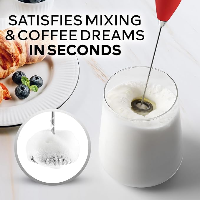 Zulay Kitchen Powerful Milk Frother Wand With Duracell Batteries - Ultra Fast Handheld Drink Mixer - Electric Whisk Foam Maker for Coffee, Lattes, Cappuccino & Matcha - Z1 Motor - Cardinal Red