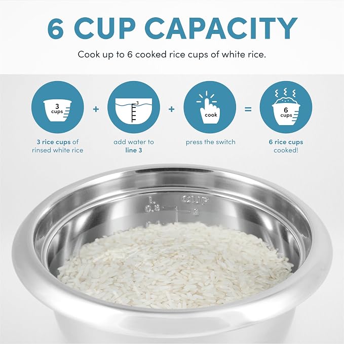 AROMA® Select Stainless® Rice Cooker, 3-Cup (Uncooked) / 6-Cup (Cooked), Stainless Steel Inner Pot, Small Rice Cooker, Auto Keep Warm, 1.2 Qt, White, ARC-753SG