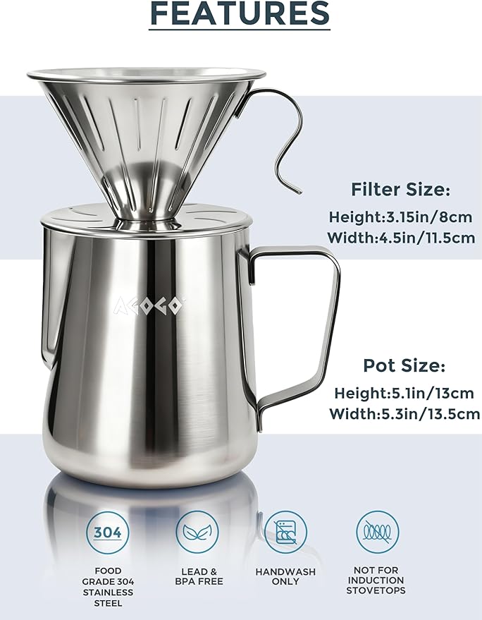 AGOGO Stainless Pour Over Coffee Maker Set, 50 Paper Filters, 30oz, Sliver | Unbreakable carafe for kitchen RV camp and office, includes barista towel, lead-free food grade 304 stainless steel
