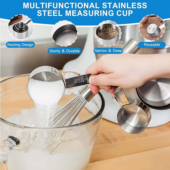 Measuring Cups and Spoons Set 22 Piece, 11 Stainless Steel Nesting Measuring Spoons and Cups with 4 Plastic Measuring Cup, 3 Funnel, 3 Brush, 1 Ruler, Measuring Cup Set for Kitchen Baking Liquid Dry