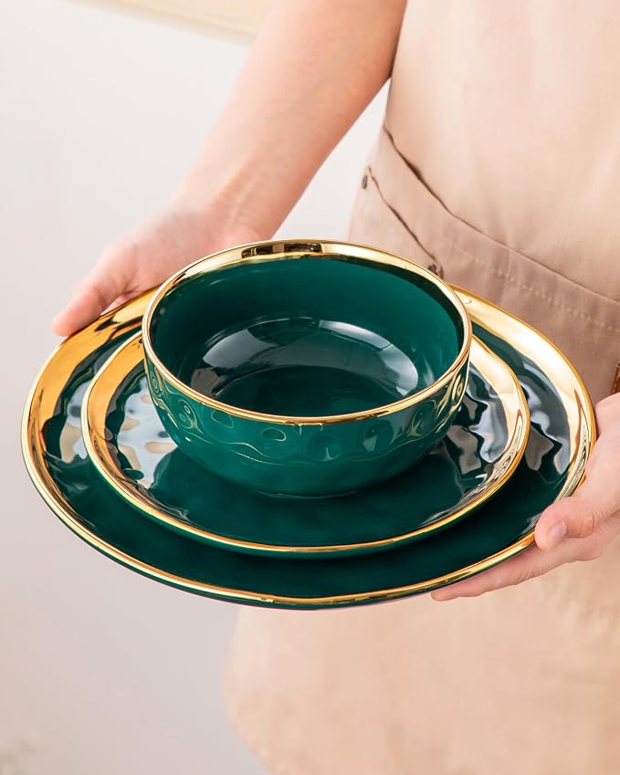 LOVECASA 12 Pieces Plates and Bowls Sets, Porcelain Green and Gold Dinnerware Sets, Round Dinner Plates Dishes Set Service for 4, Dishwasher Safe and Scratch Resistant, Green