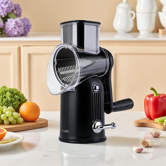 Rotary Cheese Grater with Handle, 5-Blade Cheese Shredder, BPA-Free (Black) | Cheese Grater Hand Crank Slices, Shreds & Grates – Features Strong Suction Base, Stainless-Steel Blades & Easy Clean-Up