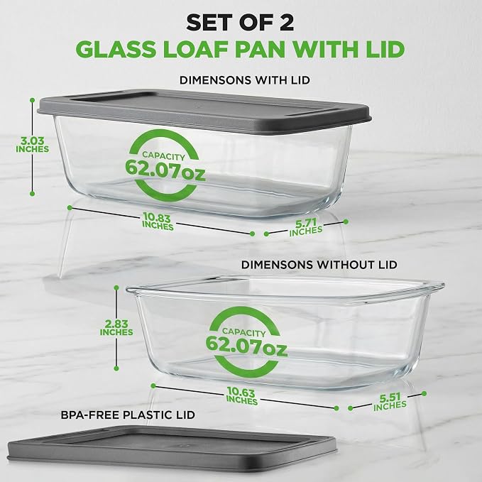 NutriChef 4 Piece Glass Loaf Pan Set with Lids - Stackable 1.9 QT/62oz Glass Bread Baking Dishes - 2 Food Storage Containers + 2 Airtight Lids, Oven & Microwave Safe, Dishwasher Safe - Clear