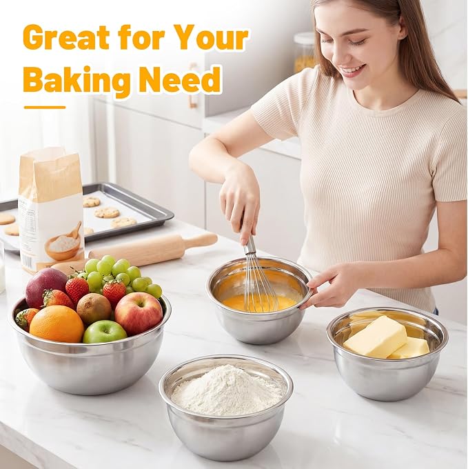 Beasea Stainless Mixing Bowls with Lids, 5 Pack 2 QT Stackable Stainless Steel Mixing Bowls with Black Lids for Salad, Serving, Food Storing, Baking Bowl Set for Cream Cake Prepping