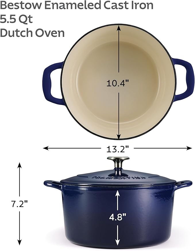 Tramontina Bestow Enameled Cast Iron 5.5-Qt Round Dutch Oven Pot with Lid | Great for Braising, Roasting and Bread Baking - Blue