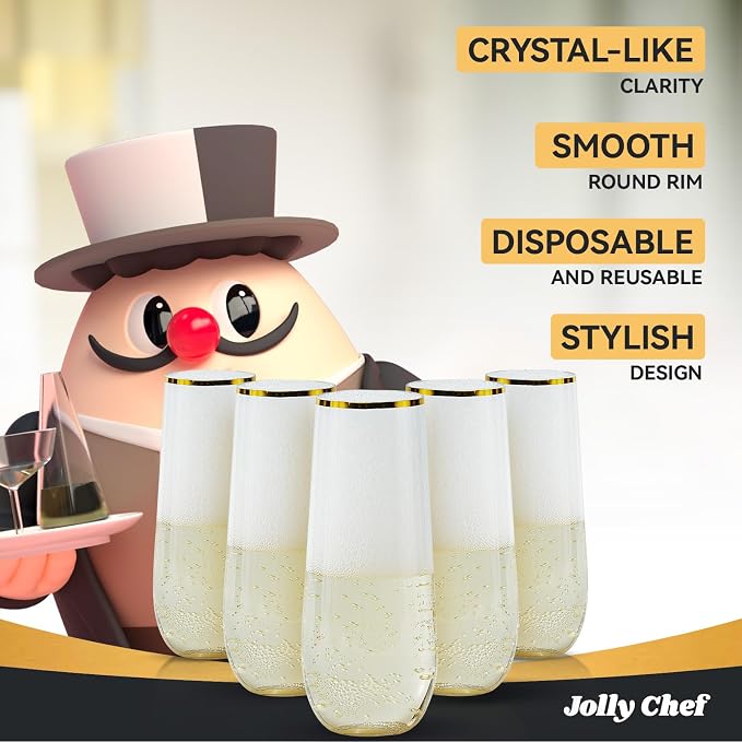 JOLLY CHEF 24 Pack 9 oz Stemless Plastic Champagne Flutes Gold Rim Glasses | Disposable Plastic Toasting Glasses Shatterproof Recyclable, Disposable Unbreakable Drinkware for Party, Wedding, Birthday