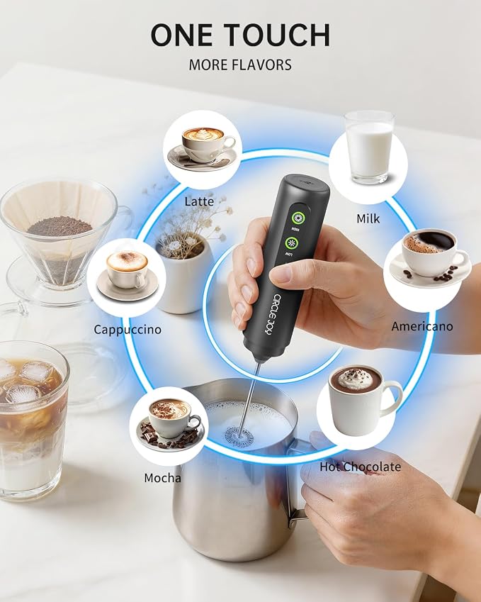 CIRCLE JOY Rechargeable 2-Speed Handheld Milk Frother with Stand, Dual Spring Whisk Electric Foamer, Portable & Detachable Coffee Frother Wand, Drink Mixer for Lattes, Macchiato, Hot Chocolate, Black