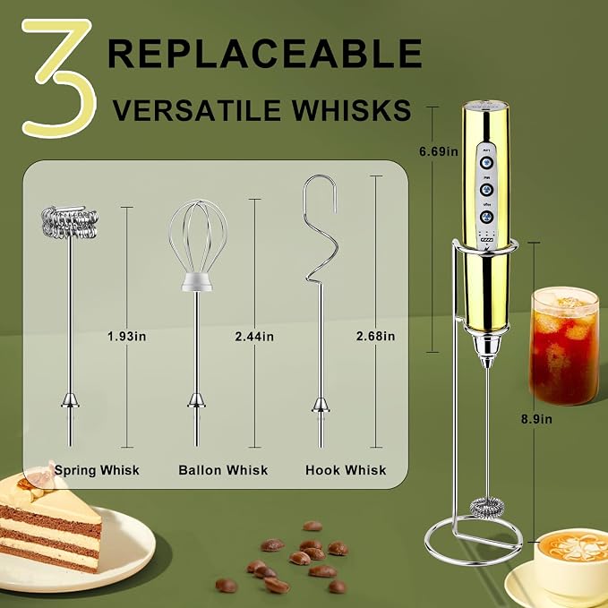 YUSWKO Handheld Milk Frother Wand for Coffee, Rechargeable Electric Whisk with 3 Heads 3 Speeds Drink Mixer Coffee Frother For Latte, Cappuccino, Hot Chocolate, Egg, Champagne Gold with Holder